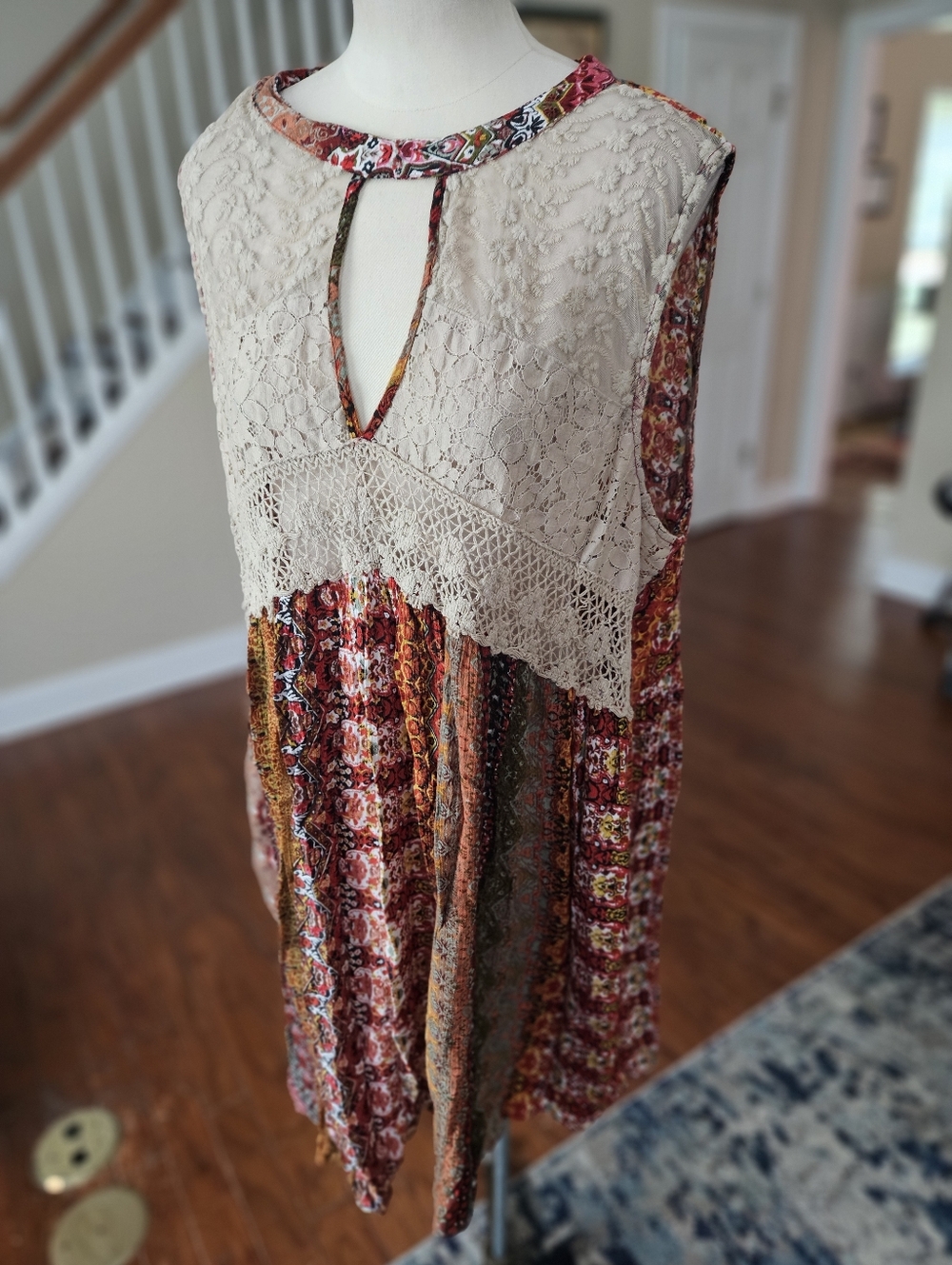 Boho Lace-Trim Sleeveless Dress in Cream and Multi